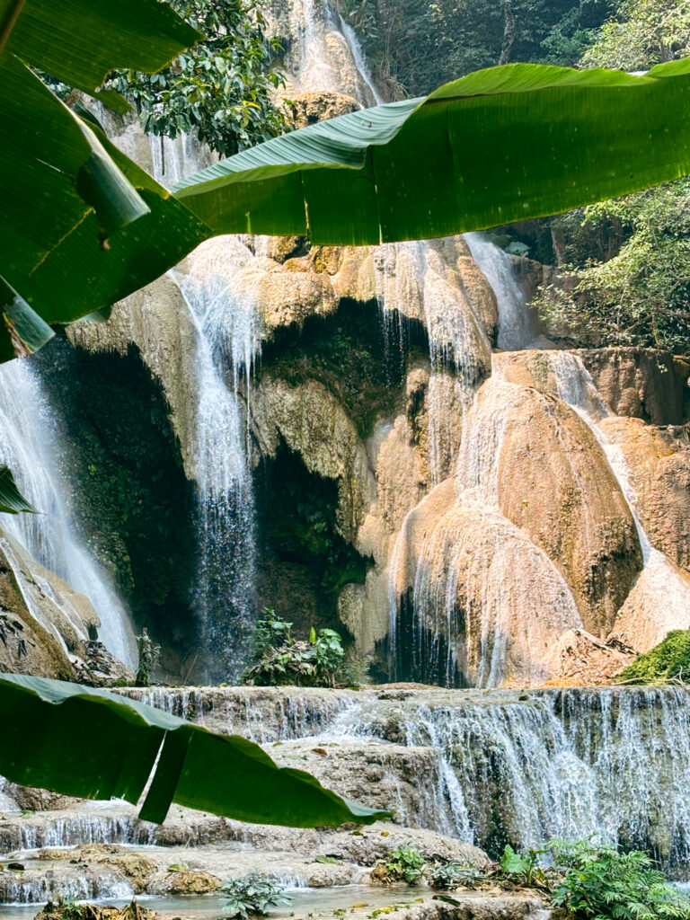 Water cascading through the leaves at Kuang Si Waterfall in Laos