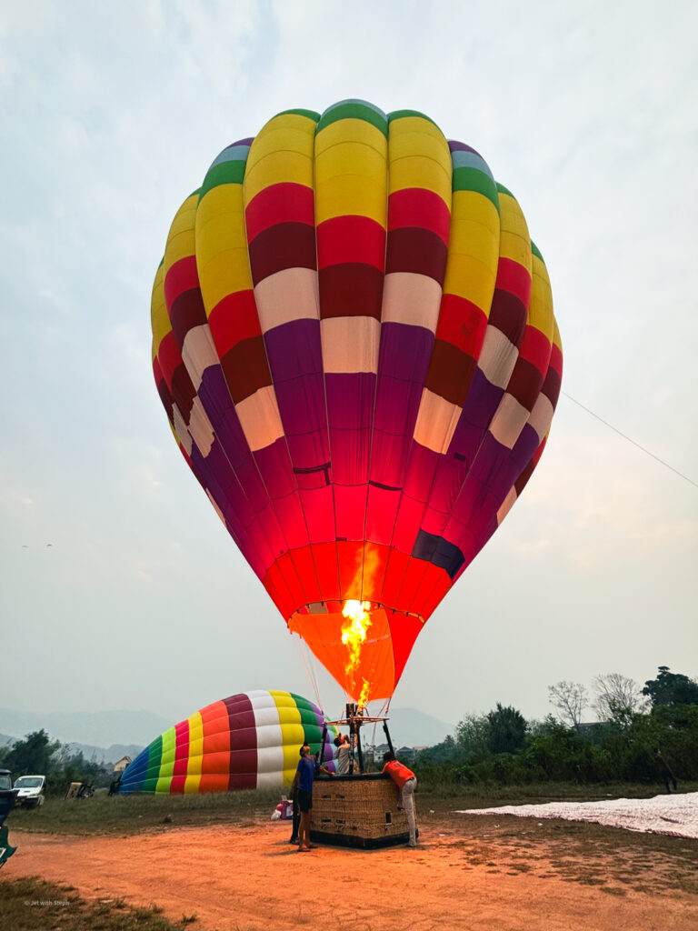 Hot air balloon prepared to take off in Vang Vieng, Laos