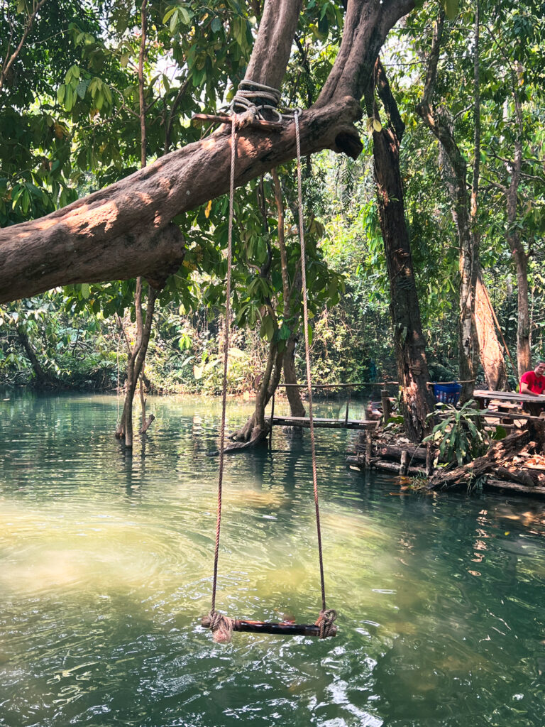 Rope swing at a natural swimming pool in Laos